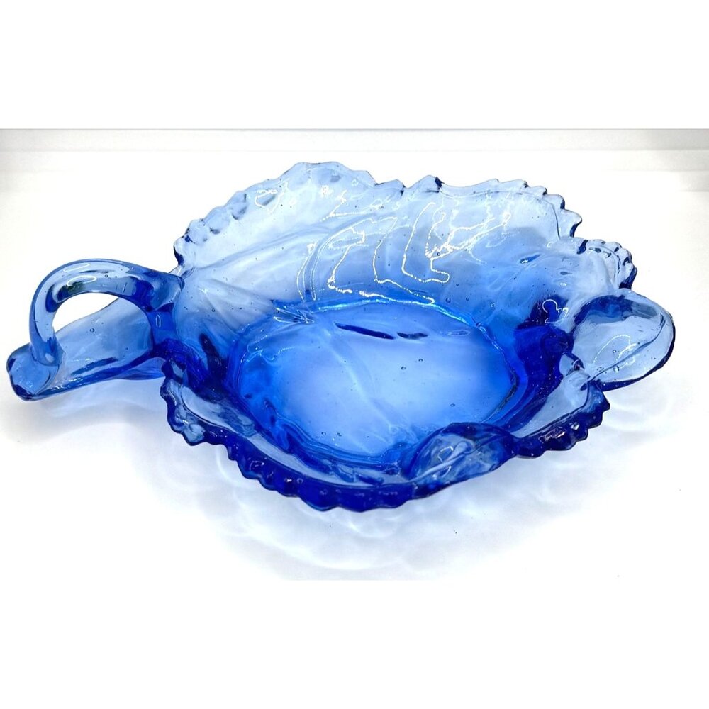 Vintage Blue Glass Grape Leaf Nut Dish Finger Loop Handle Glassware